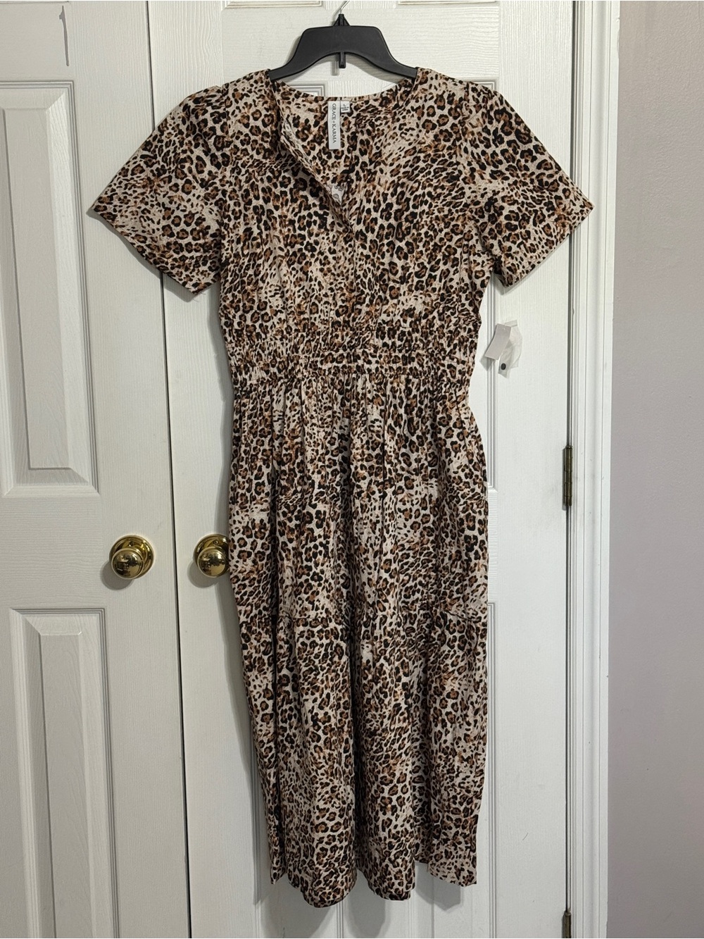 Grace + Karma Leopard Print Short Sleeve Midi Dress in Brown